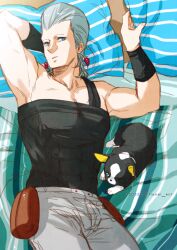 Rule 34 | 1boy, :/, arm behind head, blanket, blue eyes, commentary request, covered abs, dated, dog, earrings, flattop, grey hair, iggy (jojo), jean pierre polnareff, jewelry, jojo no kimyou na bouken, lying, male focus, muscular, muscular male, on back, pillow, pouch, stardust crusaders, tianel ent, twitter username