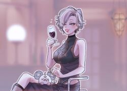 Rule 34 | 1000mm nj, 1girl, alcohol, aqua eyes, bandaged waist, bare shoulders, breasts, cone hair bun, cup, double bun, drinking glass, earrings, fishnets, grey hair, hair bun, hair over one eye, hip vent, holding, holding cup, jewelry, kunai nakasato, large breasts, looking at viewer, mole, mole under mouth, nakarat (kunai nakasato), nijisanji, nijisanji en, open mouth, short hair, wine, wine glass