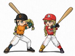 Rule 34 | 2girls, aged down, alternate costume, baseball, baseball bat, baseball cap, baseball uniform, belt, belt buckle, bianca (dq5), black gloves, black hat, blonde hair, blue eyes, blunt bangs, braid, buckle, child, commentary request, dragon quest, dragon quest v, dragon quest xi, earrings, full body, gloves, green gloves, hat, highres, holding, holding baseball bat, in-franchise crossover, jewelry, light blush, long hair, looking to the side, multiple girls, okita (sukult 4), open mouth, orange shirt, pants, parted lips, purple eyes, red hat, red shirt, shirt, short sleeves, sportswear, standing, twin braids, veronica (dq11), white background, white pants
