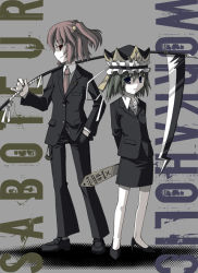 Rule 34 | 2girls, akakage red, back-to-back, text background, black eyes, english text, engrish text, female focus, formal, green hair, hand in pocket, hat, high heels, jacket, loafers, multiple girls, necktie, onozuka komachi, pant suit, pants, pencil skirt, pink hair, ranguage, red (artist), red eyes, rod of remorse, scythe, shiki eiki, shoes, short hair, skirt, skirt suit, suit, text focus, touhou, typo, weapon