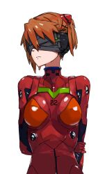 Rule 34 | 1girl, alternate hairstyle, artist request, bodysuit, breasts, brown hair, evangelion: 3.0+1.0 thrice upon a time, highres, looking to the side, medium breasts, neon genesis evangelion, pilot suit, plugsuit, rebuild of evangelion, red bodysuit, shiny clothes, simple background, solo, souryuu asuka langley, white background, wide hips