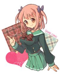 Rule 34 | 2000s (style), blush, bow, breasts, brown hair, character name, closed mouth, cropped torso, green sailor collar, green shirt, green skirt, hair ribbon, hataraku maou-sama!, index finger raised, large breasts, long sleeves, looking at viewer, lr., midriff peek, pink hair, plaid, plaid bow, pleated skirt, purple ribbon, ribbon, sailor collar, sasaki chiho, school uniform, shirt, short hair, skirt, smile, two side up
