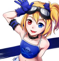 Rule 34 | 1girl, alternate eye color, armband, blonde hair, blue eyes, breasts, burning stone (module), collar, goggles, goggles on head, hair between eyes, heterochromia, kagamine rin, kimbulsae, looking at viewer, navel, open mouth, project diva (series), project diva x, red eyes, short hair, side ponytail, simple background, small breasts, smile, solo, vocaloid, white background