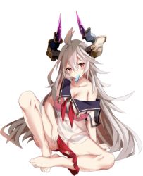Rule 34 | 1girl, ahoge, aria (schwarza97rw0rd), barefoot, bikini, unworn bikini, blush, breasts, cleavage, collarbone, commentary, covered erect nipples, draph, food, food in mouth, full body, granblue fantasy, grey hair, groin, hair between eyes, highres, horns, large breasts, long hair, looking at viewer, navel, partially visible vulva, popsicle, red bikini, red eyes, red neckwear, sailor collar, sailor shirt, see-through, shirt, short sleeves, simple background, sitting, solo, swimsuit, threo (eternal&#039;s summer vacation) (granblue fantasy), threo (granblue fantasy), very long hair, white background