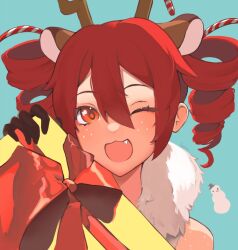 Rule 34 | 1girl, :3, animal ears, antlers, bare shoulders, blue background, blush, candy, candy cane, christmas, commentary, deer ears, drill hair, english commentary, fake animal ears, fang, food, fur collar, gift, gloves, holding, holding gift, horns, ianxy2, kasane teto, looking at viewer, one eye closed, open mouth, red eyes, red hair, reindeer antlers, smile, solo, twin drills, upper body, utau