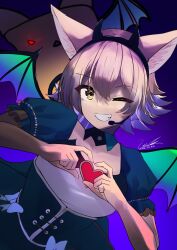 Rule 34 | 1girl, animal ears, blonde hair, choker, coyote (kemono friends), demon girl, demon horns, demon wings, dress, elbow gloves, extra ears, gloves, heart, highres, horns, kemono friends, kemono friends v project, looking at viewer, microphone, one eye closed, shironappa 46, short hair, simple background, smile, solo, virtual youtuber, wings, wolf ears, wolf girl, yellow eyes
