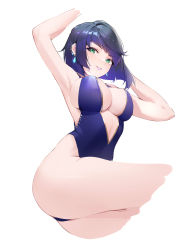 Rule 34 | 1girl, absurdres, adapted costume, alche (benruce), alternate costume, armpits, arms up, bare shoulders, blue one-piece swimsuit, bob cut, breasts, commentary, cowboy shot, dangle earrings, diagonal bangs, earrings, from below, genshin impact, glint, gold trim, green eyes, highres, jewelry, large breasts, lipstick, looking at viewer, makeup, mole, multicolored hair, no gloves, no jacket, one-piece swimsuit, parted lips, purple lips, short hair, simple background, sleeveless, smile, solo, swimsuit, thighs, white background, yelan (genshin impact)