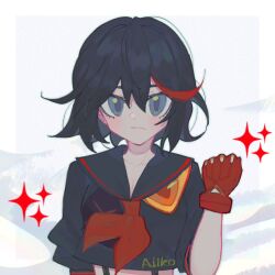 Rule 34 | 1girl, aiiko123, black hair, black sailor collar, black shirt, blue eyes, breasts, cleavage, clenched hand, closed mouth, commentary request, expressionless, gloves, hair between eyes, kill la kill, looking at viewer, matoi ryuuko, medium bangs, multicolored hair, neckerchief, red gloves, red hair, red neckerchief, sailor collar, senketsu, shirt, short hair, small breasts, solo, sparkle, streaked hair, upper body, white background