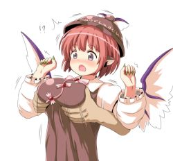 Rule 34 | !?, 1girl, animal ears, bird wings, blush, grabbing another&#039;s breast, breasts, grabbing, grabbing from behind, groping, hat, motion lines, mystia lorelei, nail polish, open mouth, phantom2071, pink eyes, pink hair, short hair, simple background, solo focus, surprised, touhou, white background, wings