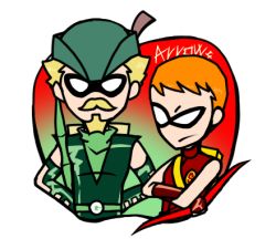 Rule 34 | 2boys, apple, arrow (projectile), beard, blonde hair, bow (weapon), chibi, dc comics, domino mask, facial hair, food, fruit, green arrow, green arrow (series), hat, hat feather, lowres, marksman, mask, multiple boys, oliver queen, orange hair, roy harper, speedy, weapon