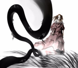 Rule 34 | 00s, 1girl, black hair, claymore (series), dress, grass, looking at viewer, luciela, pale skin, red dress, short hair, short sleeves, simple background, solo, standing, tentacles, white background, yama