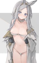 Rule 34 | 1girl, @ @, animal ears, areola slip, arknights, bare shoulders, bikini, black gloves, blush, breasts, brown hairband, cameltoe, coat, collar, collarbone, cowboy shot, forehead, gloves, grey background, grey bikini, grey coat, hairband, heavyrain (arknights), highres, horse ears, long hair, long sleeves, looking at viewer, medium breasts, mikozin, navel, nervous smile, open clothes, open coat, purple eyes, silver hair, smile, solo, stomach, strapless, strapless bikini, sweat, swimsuit, undressing, very long hair