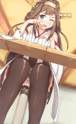 Rule 34 | 10s, 1girl, ;d, absurdres, bare shoulders, blush, boots, brown hair, cameltoe, chopsticks, detached sleeves, grey eyes, hand on own chest, highres, kantai collection, kongou (kancolle), nontraditional miko, one eye closed, open mouth, panties, pantyshot, rigging, ryouya, sitting, smile, solo, thigh boots, thighhighs, underwear, wink