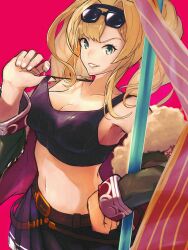 Rule 34 | 1girl, black skirt, blonde hair, bomber jacket, breasts, cleavage, dress, eyewear on head, granblue fantasy, highres, holding, holding polearm, holding weapon, jacket, large breasts, long hair, official alternate costume, pink background, polearm, simple background, skirt, smile, solo, sunglasses, twintails, weapon, yuenibushi, zeta (dark) (granblue fantasy), zeta (granblue fantasy)