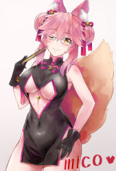Rule 34 | 1girl, alternate costume, alternate hairstyle, animal ear fluff, animal ears, bell, bkko, breasts, chinese clothes, collarbone, fate/grand order, fate (series), fox ears, fox girl, fox tail, glasses, gloves, gradient background, koyanskaya (chinese lostbelt outfit) (fate), koyanskaya (fate), large breasts, looking at viewer, one eye closed, pink hair, smile, solo, tail, underboob, yellow eyes