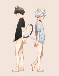 Rule 34 | 2boys, absurdres, animal ears, arms behind back, bare legs, barefoot, bell, black hair, black shirt, blue eyes, blue pupils, blush, bomhat, brown background, cat boy, cat ears, cat tail, closed mouth, collar, commentary, english commentary, from side, full body, green eyes, heterochromia, highres, looking at viewer, male focus, multiple boys, naked shirt, neck bell, orange eyes, orange pupils, original, parted lips, profile, shirt, short hair, short sleeves, simple background, standing, standing on one leg, t-shirt, tail, very short hair, white hair