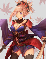 Rule 34 | 1girl, absurdres, black thighhighs, blue eyes, blue kimono, breasts, choker, cleavage, clothing cutout, cowboy shot, detached sleeves, dual wielding, fate/grand order, fate (series), grey background, hair ornament, highres, holding, holding sword, holding weapon, japanese clothes, jewelry, katana, kimono, large breasts, leaf, long hair, looking at viewer, magatama, magatama necklace, maple leaf, midriff, miyamoto musashi (fate), miyamoto musashi (third ascension) (fate), navel cutout, necklace, parted bangs, ponytail, sheath, shinori (efvbji6264), shiny skin, short kimono, side ponytail, silver hair, sleeveless, sleeveless kimono, smile, solo, standing, stomach, sword, thighhighs, weapon