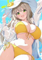 Rule 34 | 1girl, bikini, blue archive, blush, breasts, cleavage, collarbone, flower, front-tie bikini top, front-tie top, green eyes, halo, hat, hat flower, large breasts, light brown hair, long hair, looking at viewer, navel, nonomi (blue archive), nonomi (swimsuit) (blue archive), official alternate costume, open mouth, rin ateria, see-through, see-through shirt, side-tie bikini bottom, solo, sun hat, swimsuit, thighs, yellow bikini