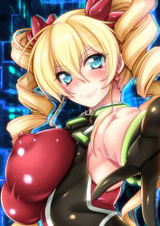 Rule 34 | 10s, 1girl, bare shoulders, blonde hair, blue eyes, blush, bodysuit, bow, breasts, claire harvey, covered erect nipples, drill hair, earrings, from side, gloves, glowing, hair between eyes, hair bow, hair ornament, hundred (light novel), impossible bodysuit, impossible clothes, jewelry, kizaki yuuri, large breasts, long hair, looking at viewer, outstretched arm, shiny clothes, skin tight, smile, solo, taut clothes, twin drills, upper body