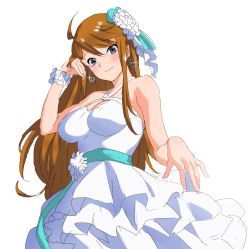 Rule 34 | 1girl, bare shoulders, blue eyes, brown hair, dress, earrings, hat, highres, idolmaster, idolmaster million live!, jewelry, long hair, looking at viewer, sash, solo, tokoro megumi, white dress, zourion