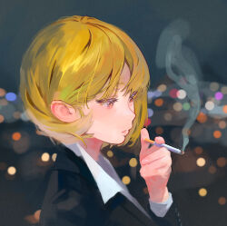 Rule 34 | 1girl, bags under eyes, black suit, blonde hair, blurry, blurry background, bokeh, cigarette, depth of field, formal, from side, highres, holding, holding cigarette, looking down, night, original, revision, sekoshi (some1else45), shirt, short hair, smoking, solo, some1else45, suit, white shirt
