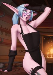 Rule 34 | 1girl, :o, absurdres, apron, arm up, black apron, black gloves, blue hair, breasts, collarbone, colored skin, deilan12, elf, facial mark, fingerless gloves, fire, fire, gloves, glowing, glowing eyes, grey eyes, hand up, highres, indoors, long eyebrows, long hair, long pointy ears, medium breasts, naked apron, night elf (warcraft), open mouth, parted bangs, pointy ears, ponytail, signature, solo, teeth, tools, upper teeth only, warcraft, white skin, world of warcraft