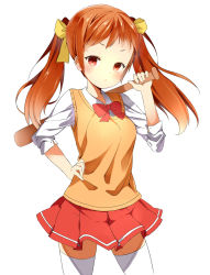 Rule 34 | 1girl, atage, baseball bat, blush, bow, breasts, frown, hair bow, hand on own hip, hip focus, long hair, orange hair, original, red eyes, ribbon, school uniform, skirt, solo, sweater vest, thighhighs, twintails, weapon, white thighhighs, zettai ryouiki