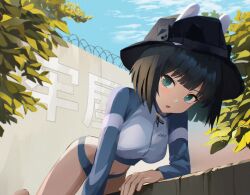 Rule 34 | 1girl, all fours, animal ears, barbed wire, bikini, bikini bottom only, black hair, blue archive, blue bikini, blue eyes, bucket hat, crop top, cropped jacket, danraz0r, day, ears through headwear, fake animal ears, hat, highres, jacket, long sleeves, looking at viewer, midriff, official alternate costume, open mouth, outdoors, rabbit ears, raglan sleeves, saki (blue archive), saki (swimsuit) (blue archive), short hair, solo, swimsuit, thighs, wall, white jacket