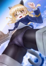 Rule 34 | 1girl, animal ears, black pantyhose, breasts, cameltoe, carbon12th, cat ears, cat tail, cleft of venus, crotch seam, fat mons, flying, foreshortening, glasses, gun, highres, long hair, long sleeves, looking at viewer, machine gun, military, military uniform, open mouth, paid reward available, panties, panties under pantyhose, pantyhose, perrine h. clostermann, shiny skin, small breasts, solo, strike witches, striker unit, tail, underwear, uniform, weapon, white panties, world witches series, yellow eyes