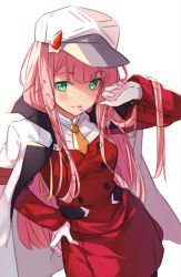 Rule 34 | 10s, 1girl, arm up, breasts, candy, closed mouth, commentary, darling in the franxx, dress, food, gloves, green eyes, hand on own hip, hat, hitsukuya, horns, jacket, jacket on shoulders, lollipop, long hair, long sleeves, looking at viewer, mouth hold, necktie, orange necktie, pantyhose, pink hair, red dress, short necktie, simple background, sketch, small breasts, smile, solo, very long hair, white background, white gloves, white hat, white jacket, zero two (darling in the franxx)