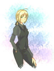 Rule 34 | 1girl, ahoge, androgynous, artoria pendragon (fate), blonde hair, blush, crossdressing, fate/zero, fate (series), female focus, formal, hand in pocket, hand on own knee, pant suit, pants, ponytail, reverse trap, saber (fate), shirt, solo, suit, vest