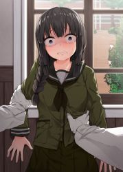 Rule 34 | 10s, 1boy, 2girls, absurdres, admiral (kancolle), black hair, braid, brown hair, brown neckerchief, commentary request, constricted pupils, gloves, green skirt, highres, jack dempa, kantai collection, kitakami (kancolle), long hair, long sleeves, multiple girls, neckerchief, ooi (kancolle), pleated skirt, pov, purple eyes, restrained, sailor collar, scared, school uniform, serafuku, skirt, solo focus, tears, teeth, twin braids, white gloves, wide-eyed, window