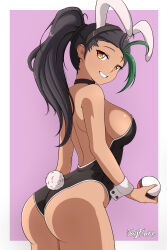 Rule 34 | 1girl, absurdres, animal ears, artist name, ass, black hair, black leotard, breasts, choker, commentary, cowboy shot, creatures (company), dark-skinned female, dark skin, english commentary, fake animal ears, from side, game freak, grin, high ponytail, highleg, highleg leotard, highres, holding, holding poke ball, jay flare, large breasts, leotard, long hair, looking at viewer, looking back, multicolored hair, nemona (pokemon), nintendo, no freckles, pink background, playboy bunny, poke ball, poke ball (basic), pokemon, pokemon sv, rabbit ears, rabbit tail, shoulder blades, smile, solo, streaked hair, tail, thighs, wedgie, wrist cuffs