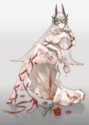 Rule 34 | 1girl, ambiguous red liquid, bare shoulders, breasts, bridal veil, c f lanteon, carmilla (fate), cleavage, corset, cup, curly hair, detached collar, detached sleeves, dress, drinking glass, fate/grand order, fate (series), feet, fingernails, flower, headgear, high heels, highres, large breasts, leg ribbon, long fingernails, looking at viewer, medium hair, nail polish, red flower, red footwear, red nails, red ribbon, red rose, ribbon, rose, sharp fingernails, unworn shoe, shoes, unworn shoes, silver hair, single shoe, sitting, sleeves past wrists, solo, spilling, stained clothes, strapless, strapless dress, thigh strap, veil, wedding dress, white dress, white flower, white rose, white sleeves, wine glass, yellow eyes