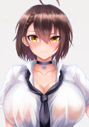 Rule 34 | 1girl, absurdres, ahoge, azur lane, baltimore (after-school ace) (azur lane), baltimore (azur lane), black choker, black necktie, blouse, blush, braid, breasts, brown hair, choker, cleavage, collarbone, collared shirt, commentary, french braid, hair between eyes, highres, large breasts, looking at viewer, necktie, official alternate costume, partially unbuttoned, portrait, ryara, school uniform, see-through, see-through shirt, shirt, short hair, short sleeves, sidelocks, simple background, smirk, solo, standing, sweat, wet, wet clothes, wet shirt, white background, white shirt, yellow eyes