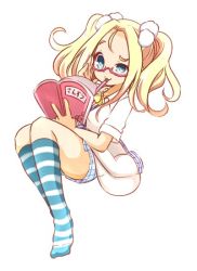 Rule 34 | 1girl, blonde hair, blue eyes, book, character request, commentary request, full body, glasses, gothic wa mahou otome, hair ornament, hair strand, half-closed eye, hand up, holding, holding book, hono, jacket, kneehighs, mouth hold, no shoes, open book, parted bangs, pen, plaid, plaid skirt, pleated skirt, pom pom (clothes), raised eyebrow, red-framed eyewear, semi-rimless eyewear, shirt, short sleeves, simple background, skirt, socks, solo, striped clothes, striped socks, twintails, under-rim eyewear, uneven eyes, white background, white jacket, white shirt, white skirt