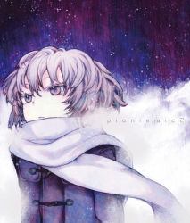 Rule 34 | 1girl, arm at side, brown eyes, closed mouth, coat, colored eyelashes, english text, hair between eyes, jacket, long sleeves, looking away, red eyes, scarf, short hair, shouichi, snowing, solo, upper body, white hair, white scarf, wind