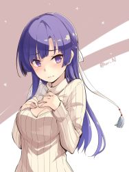 Rule 34 | 10s, 1girl, black hair, breasts, cleavage, cleavage cutout, clothing cutout, half updo, hands on own chest, highres, hime cut, kakumeiki valvrave, long hair, medium breasts, meme attire, nino (shira), open-chest sweater, purple eyes, purple hair, ribbed sweater, rukino saki, solo, sweater, turtleneck, twitter username