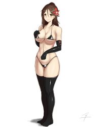 Rule 34 | 10s, 1girl, amagi (kancolle), bare shoulders, bikini, black bikini, black gloves, black thighhighs, blush, breasts, brown eyes, brown hair, closed mouth, collarbone, elbow gloves, embarrassed, flower, full body, g-string, gloves, hair between eyes, hair flower, hair ornament, hand on breast, hand on own chest, hayabusa (vert 320), highres, kantai collection, large breasts, long hair, looking at viewer, micro bikini, mole, mole under eye, navel, nervous smile, no shoes, panties, ponytail, shiny clothes, simple background, skindentation, smile, solo, standing, stomach, string bikini, swimsuit, thighhighs, thong, underwear, white background