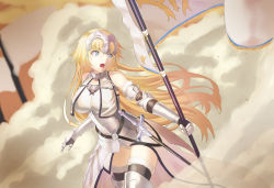 Rule 34 | 1girl, armor, bare shoulders, blonde hair, blue eyes, breasts, chain, detached sleeves, dust cloud, fate/grand order, fate (series), gauntlets, highres, jeanne d&#039;arc (fate), jeanne d&#039;arc (ruler) (fate), jeanne d&#039;arc (third ascension) (fate), large breasts, looking to the side, open mouth, polearm, solo, standard bearer, sword, teeth, tesin (7aehyun), thighhighs, thighs, tongue, weapon