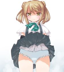 Rule 34 | 10s, 1girl, anger vein, arm warmers, ascot, brown eyes, brown hair, clothes lift, cowboy shot, dd (ijigendd), double bun, frown, hair between eyes, hair bun, kantai collection, light brown hair, long hair, looking at viewer, michishio (kancolle), miniskirt, panties, pantyshot, pleated skirt, school uniform, shirt, short sleeves, short twintails, simple background, skirt, skirt lift, solo, suspenders, thighs, twintails, underwear, white panties, white shirt, wind, wind lift