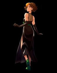 Rule 34 | 1girl, absurdres, black background, black dress, blush, brown hair, closed eyes, dress, elbow gloves, from behind, gloves, green footwear, green sash, harry potter: hogwarts mystery, harry potter (series), heel up, highres, looking at viewer, merula snyde, mikkusushi, red eyes, sash, short hair, shoulder blades, signature, smirk, solo, standing, standing on one leg, wizarding world