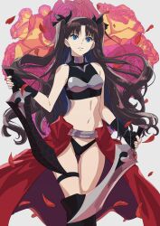 Rule 34 | 1girl, absurdres, archer (fate), archer (fate) (cosplay), black bow, black gloves, black panties, blue eyes, bow, breasts, brown hair, cosplay, crop top, dual wielding, falling petals, fate/stay night, fate (series), fingerless gloves, floral background, flower, gloves, hair bow, highres, holding, holding sword, holding weapon, kanshou &amp; bakuya (fate), long skirt, navel, panties, parted lips, petals, red flower, red rose, red skirt, rose, rose background, skirt, small breasts, solo, stomach, sword, thigh strap, tohsaka rin, two side up, underwear, weapon, xtango