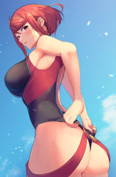 Rule 34 | 1girl, absurdres, ahoge, alternate costume, ass, backless outfit, bare back, bare shoulders, black one-piece swimsuit, blush, bob cut, breasts, competition swimsuit, food stand, from behind, highres, large breasts, looking at viewer, looking back, one-piece swimsuit, pyra (pro swimmer) (xenoblade), pyra (xenoblade), red eyes, red hair, sideboob, solo, suspenders, sweat, swimsuit, xenoblade chronicles (series), xenoblade chronicles 2, yatai