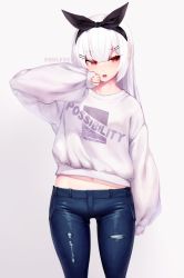 Rule 34 | 1girl, black ribbon, blue pants, blush, clothes writing, denim, dev (dev0614), english text, gradient background, grey background, hair between eyes, hair ornament, hair ribbon, hairclip, hand up, highres, jeans, long hair, long sleeves, looking away, looking to the side, midriff, navel, open mouth, original, pants, puffy long sleeves, puffy sleeves, red eyes, ribbon, sleeves past wrists, solo, sweater, torn clothes, torn pants, white background, white hair, white sweater