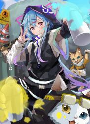 Rule 34 | 1boy, 3others, :3, absurdres, alternate costume, arknights, black gloves, black jacket, black pants, blue eyes, blue hair, blush, can, cat, commentary, cowboy shot, english text, felyne, fingerless gloves, gloves, goggles, goggles on head, gradient background, hair ornament, hairclip, heterochromia, highres, holding, holding can, hood, hood up, hooded jacket, jacket, light blue hair, long hair, mizuki (arknights), multiple others, outdoors, paint splatter, paint splatter on face, pants, pink eyes, pink hair, riu kawano, shirt, single glove, sleeveless, sleeveless jacket, spray can, sunglasses, terra research commission (arknights), tinted eyewear, traffic cone, w, white shirt, x hair ornament, yellow eyes