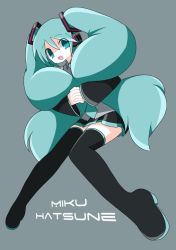 Rule 34 | 1girl, :d, black skirt, black thighhighs, blue eyes, blue hair, blue necktie, character name, detached sleeves, full body, grey background, grey shirt, hair between eyes, hand in own hair, happy, hatsune miku, head tilt, headset, interlocked fingers, knees together feet apart, long hair, looking at viewer, necktie, open mouth, pleated skirt, pokki (sue eus), shaded face, shirt, simple background, skirt, smile, solo, thighhighs, twintails, very long hair, vocaloid, zettai ryouiki