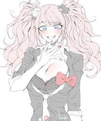 Rule 34 | 1girl, bear hair ornament, black bra, blue eyes, blush, bow, bra, breasts, cleavage, collarbone, d (3i135), danganronpa: trigger happy havoc, danganronpa (series), enoshima junko, fang, grin, hair ornament, hand up, large breasts, messy hair, nail polish, necktie, red bow, red nails, shirt bow, short sleeves, simple background, smile, solo, teeth, twintails, underwear, upper body, white background, white necktie