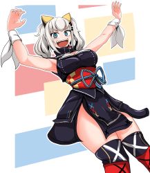 Rule 34 | 1girl, :d, armpits, arms up, black thighhighs, blue eyes, blush, breasts, breath, cleavage, female focus, highres, kaguya luna, large breasts, looking at viewer, open mouth, sash, silver hair, sleeveless, smile, solo, teeth, the moon studio, thighhighs, twintails, virtual youtuber, yaruku
