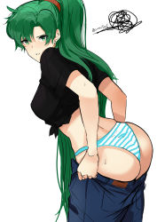 Rule 34 | 1girl, absurdres, ass, blush, breasts, fire emblem, fire emblem: the blazing blade, fire emblem heroes, green eyes, green hair, high ponytail, highres, large breasts, leaning forward, long hair, lyn (fire emblem), nintendo, ormille, panties, pants, parted lips, ponytail, simple background, solo, standing, striped clothes, striped panties, thighs, underwear, white background